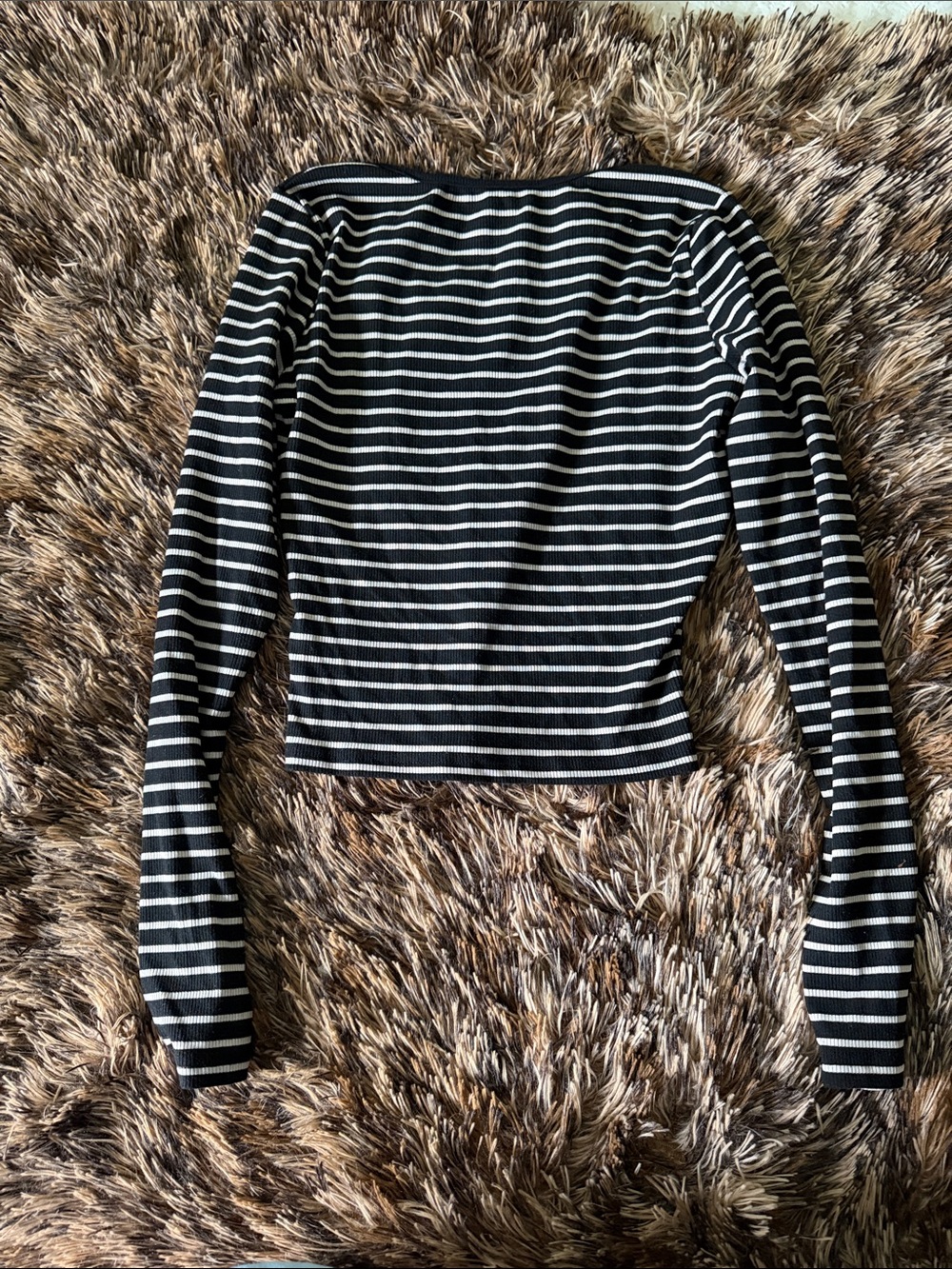Striped Black and White Long-Sleeve Henley Crop Top - Picture 2 of 2